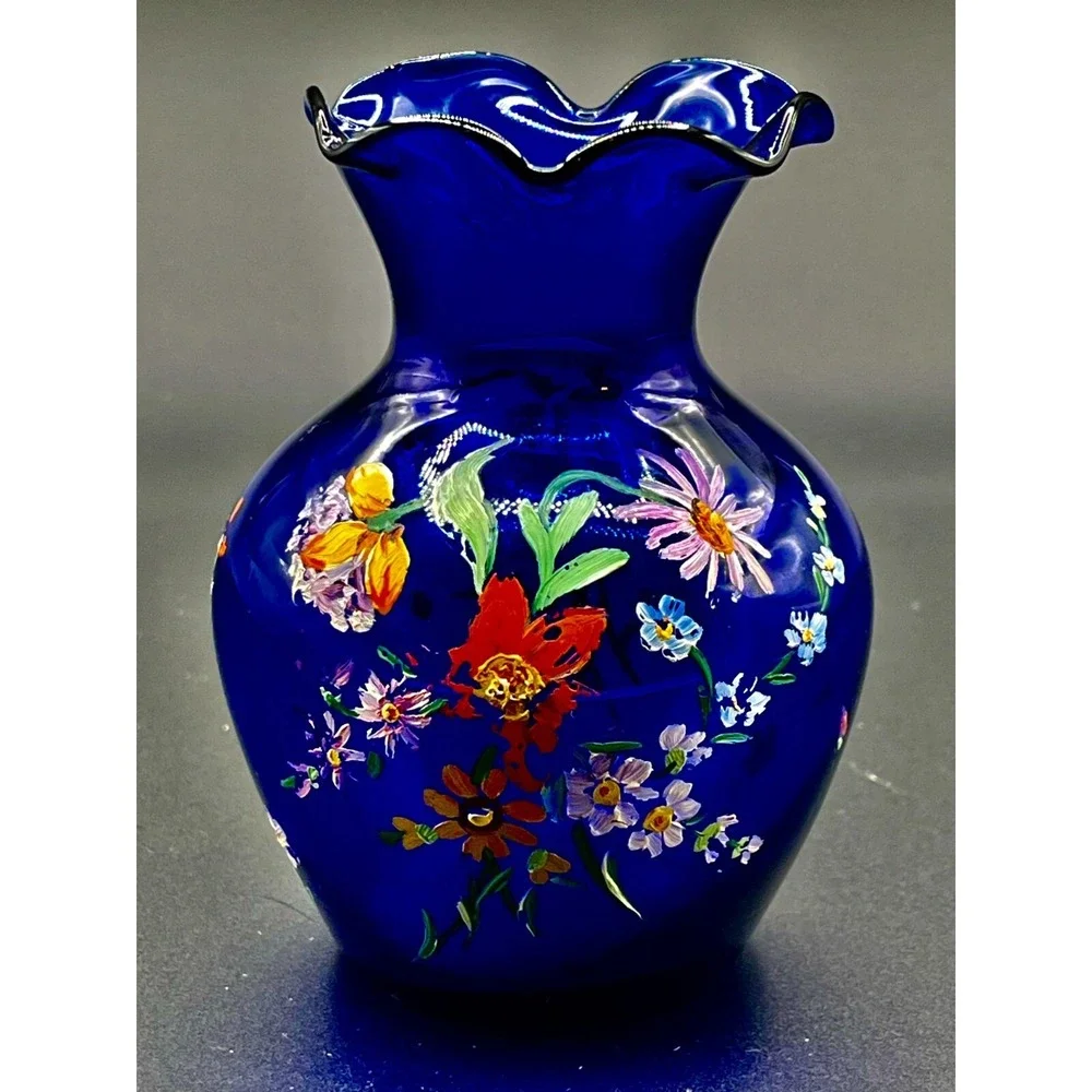 Vintage Cobalt Blue Hand Blown Glass Ruffle Vase. Hand Painted Lot‎ of two
